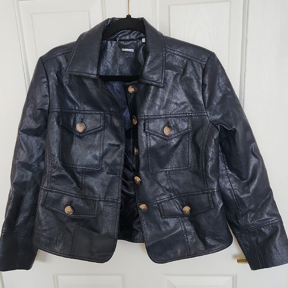 Chico's Navy Faux Leather Jacket with Button Details
